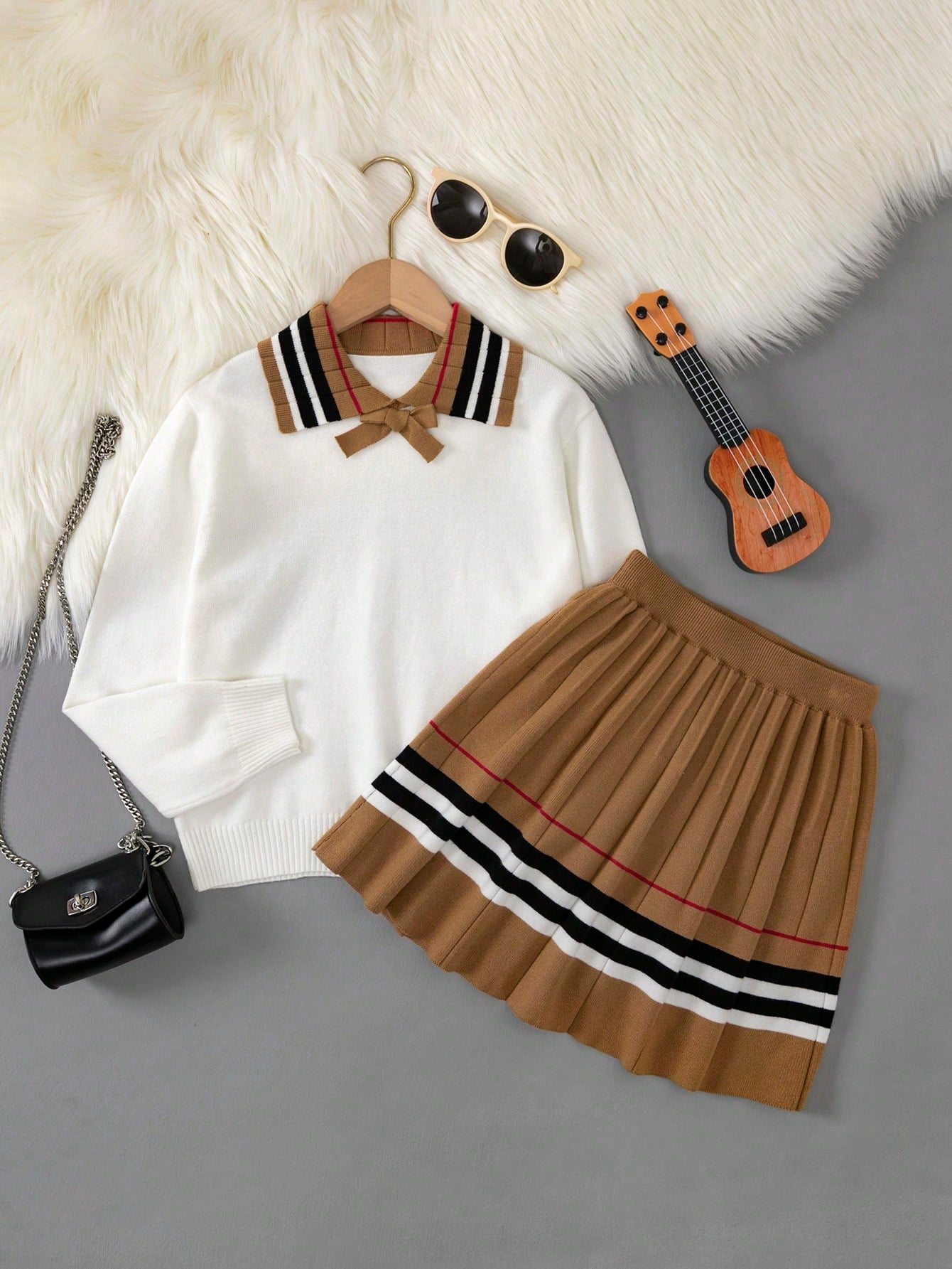 Tween Girl Striped Trim Sweater & Pleated Knit Skirt