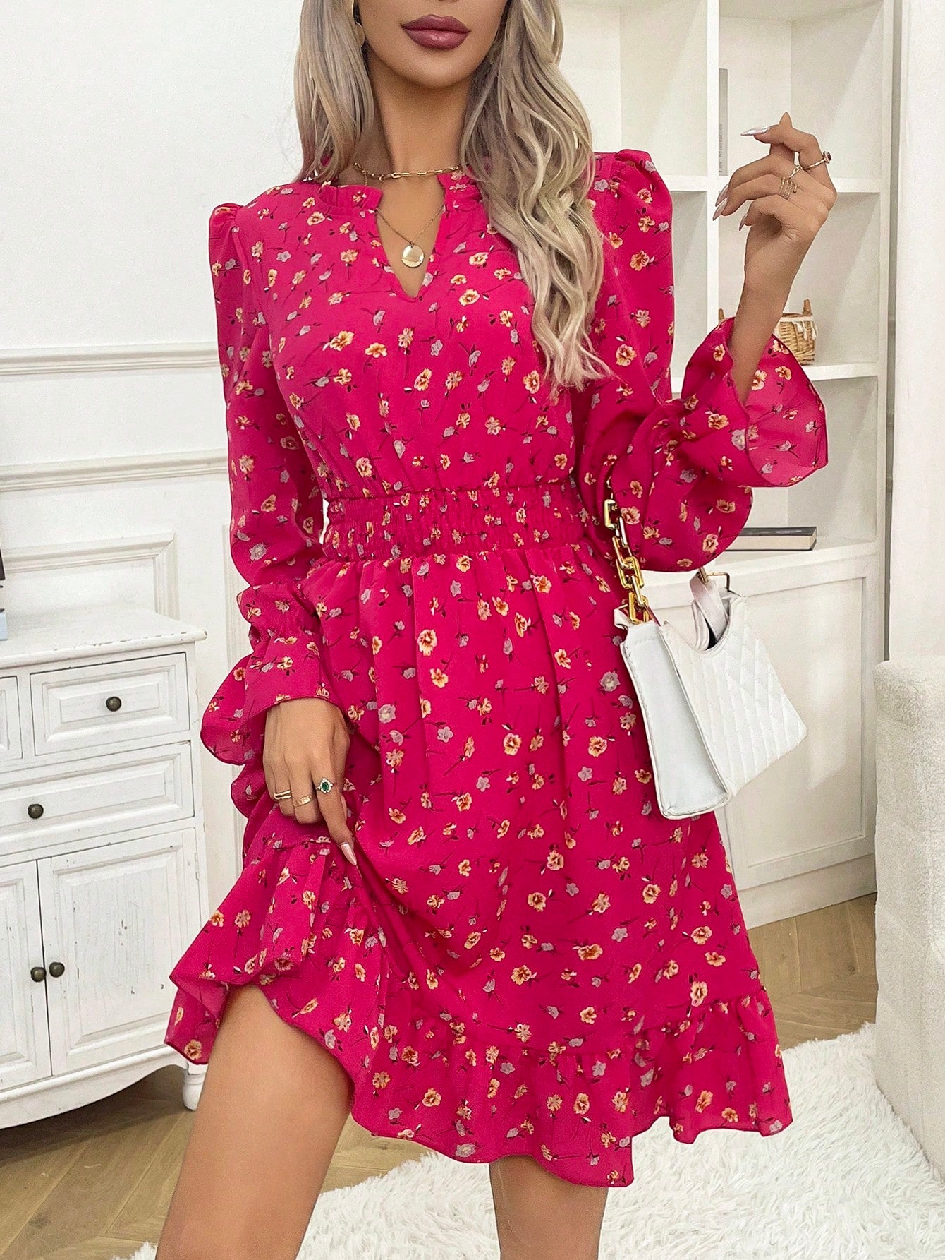 Ditsy Floral Print Notch Neck Shirred Waist Dress