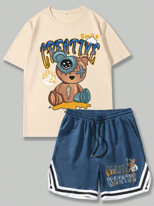 Street Life Men Cartoon Bear & Letter Print T-Shirt With Drawstring Shorts Two-Piece Set