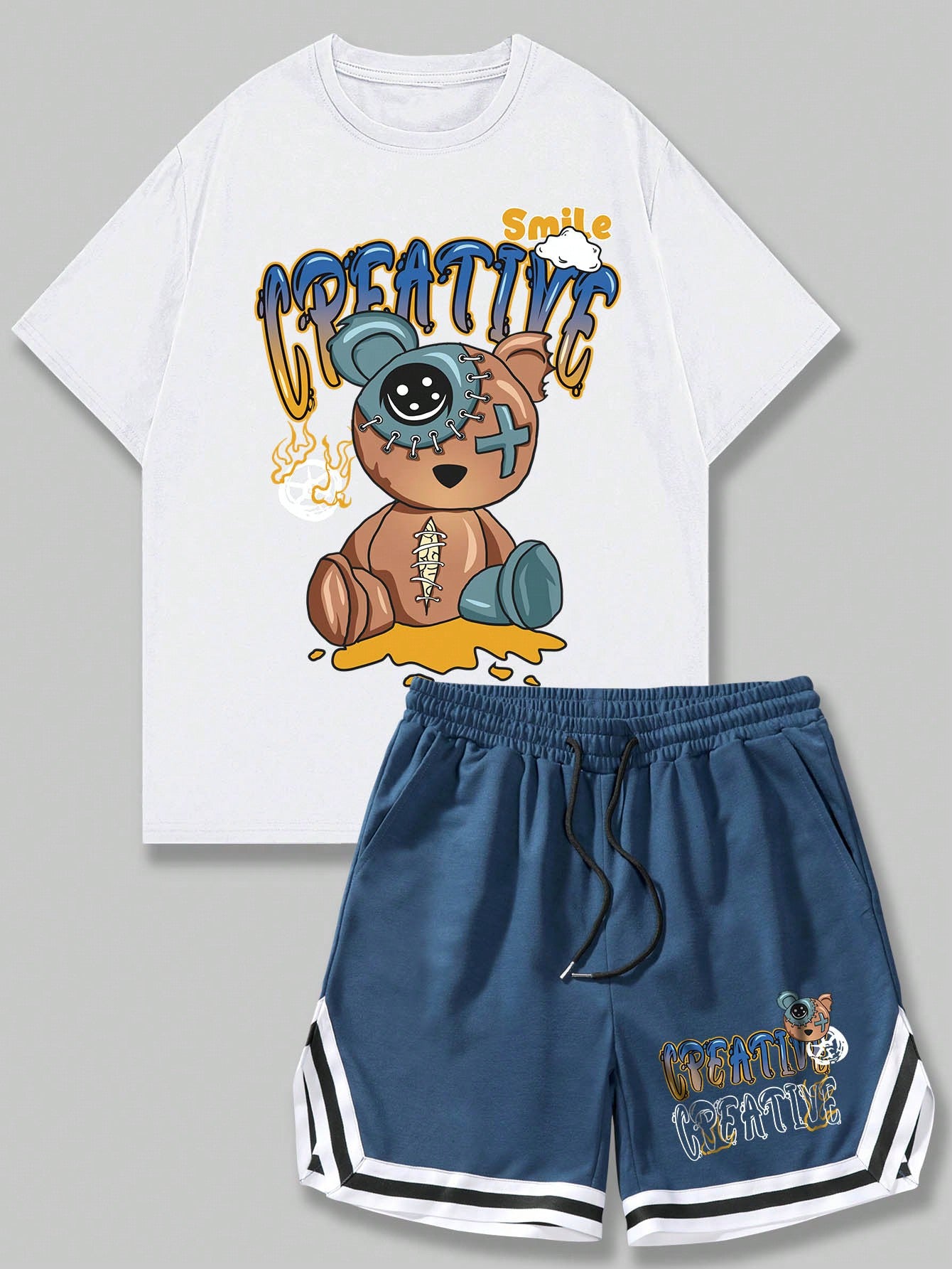 Street Life Men Cartoon Bear & Letter Print T-Shirt With Drawstring Shorts Two-Piece Set