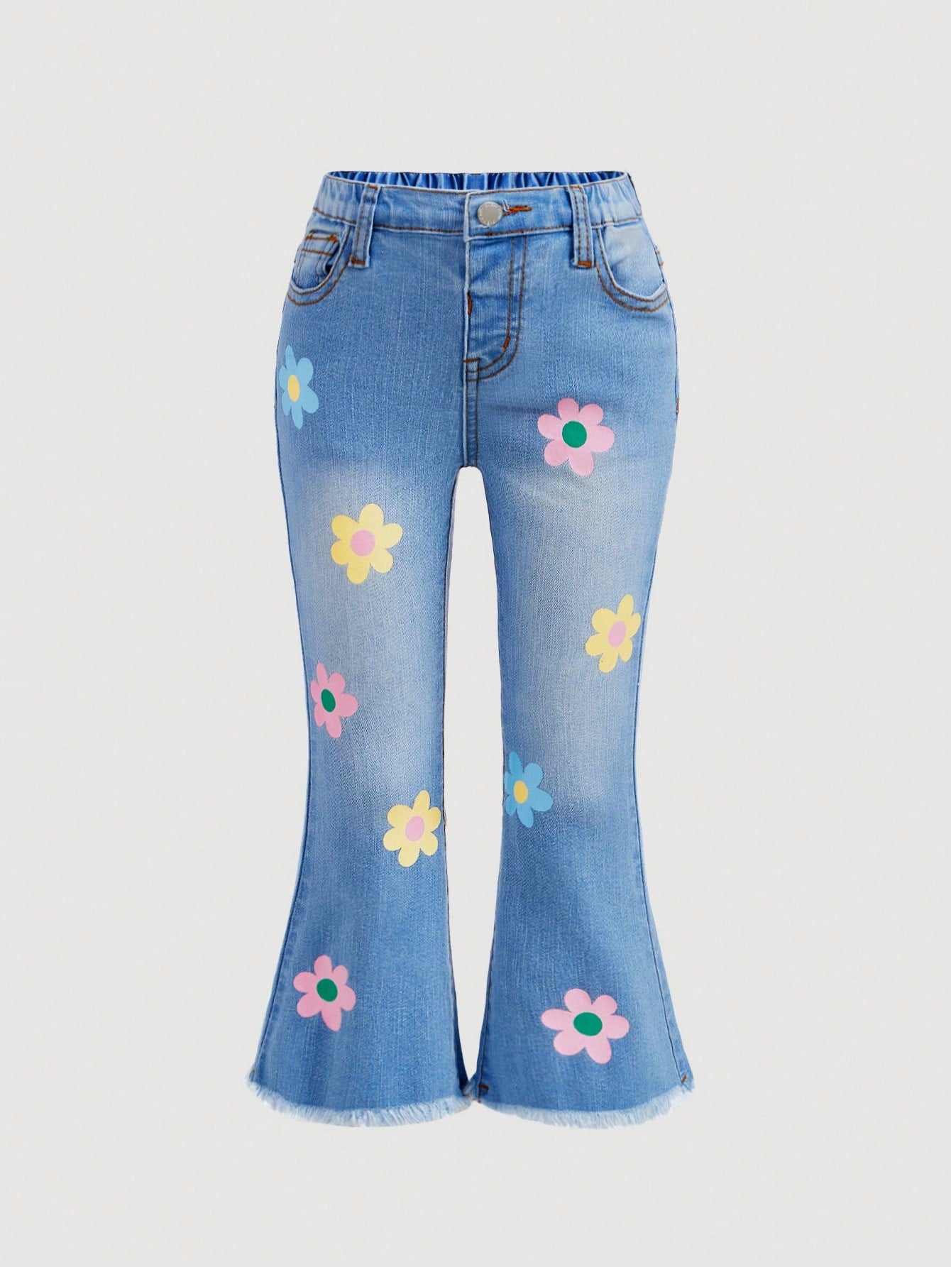 Young Girl Floral Print Raw Cut Flare Leg Jeans