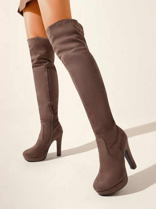 Women's Black Chunky Thigh High Over The Knee High Heel Boots