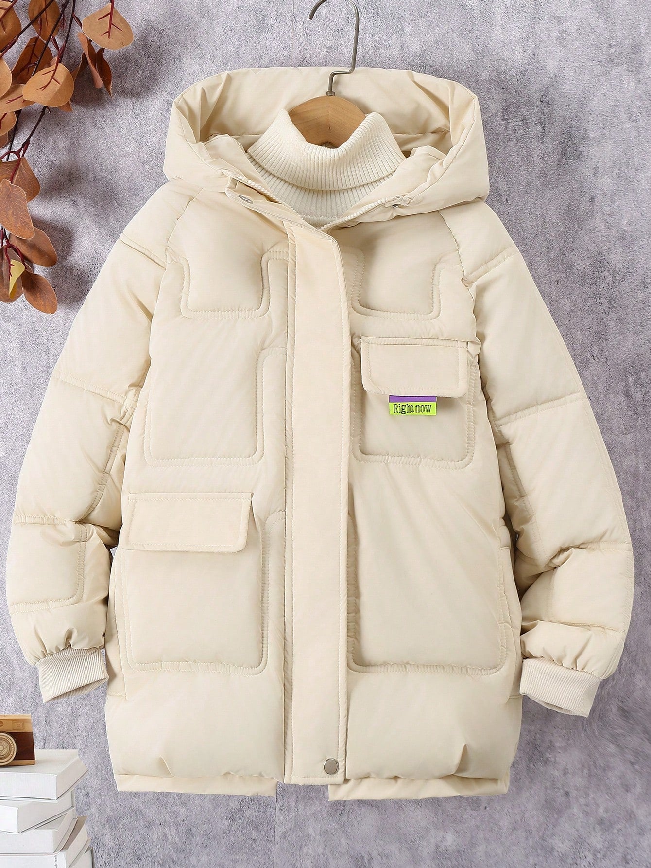 Tween Boy 1pc Letter Patched Detail Flap Pocket Hooded Puffer Coat