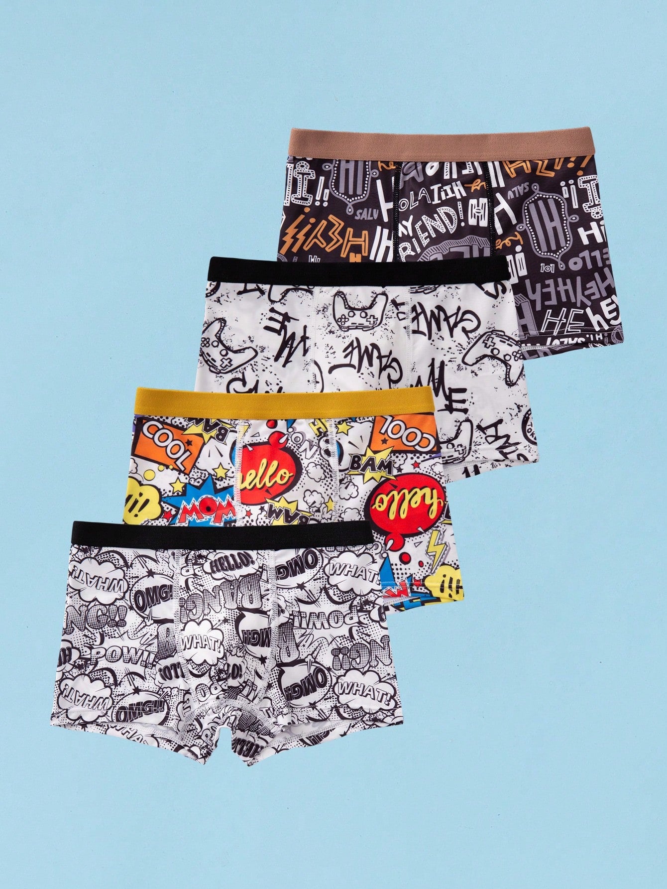 5pcs/Set Tween Boys' Underwear, Letter Printed Gaming Machine Pattern Boxer Briefs, Multi-Colored, Cartoon Street Style