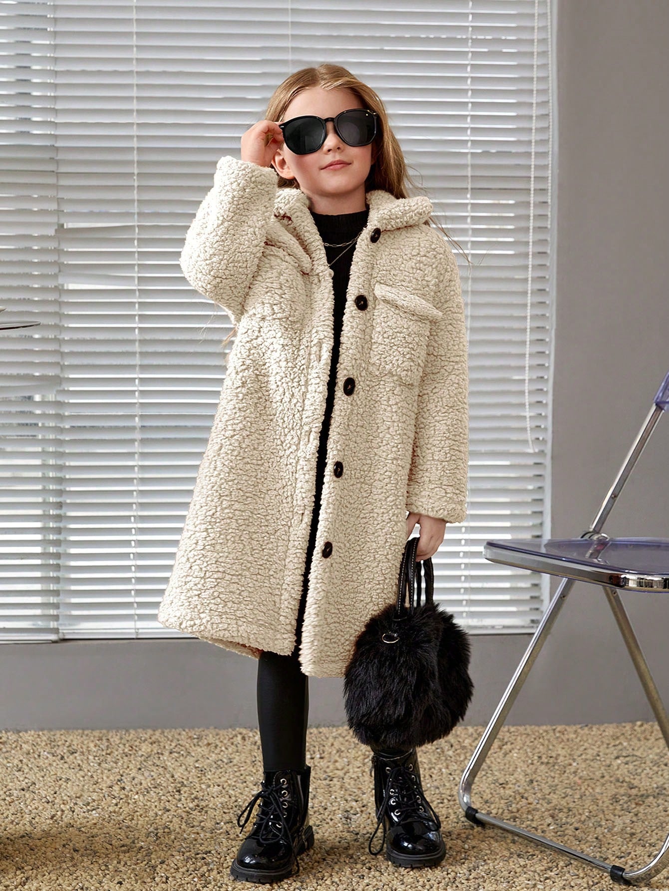 Young Girl Casual Coral Fleece Mid-Length Lapel Collar Long Sleeve Coat For Winter