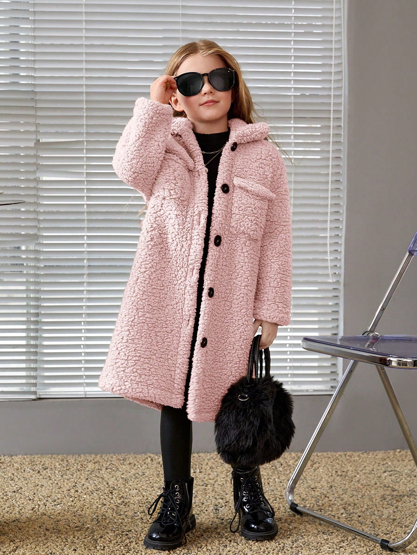 Young Girl Casual Coral Fleece Mid-Length Lapel Collar Long Sleeve Coat For Winter