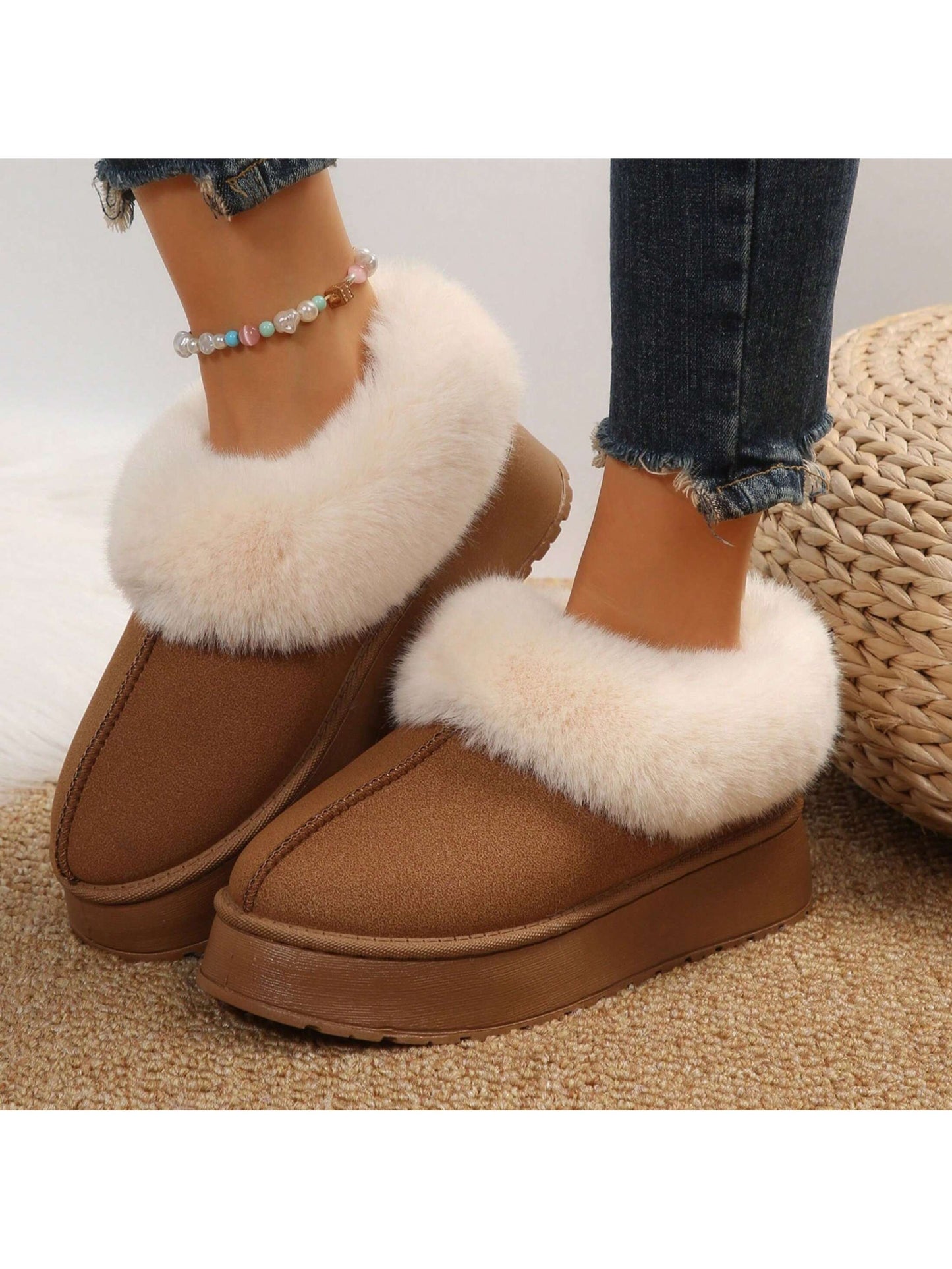 Women's Suede Shearling Ankle Moccasin Bootie Slippers Memory Foam Indoor Warm Snow Boots