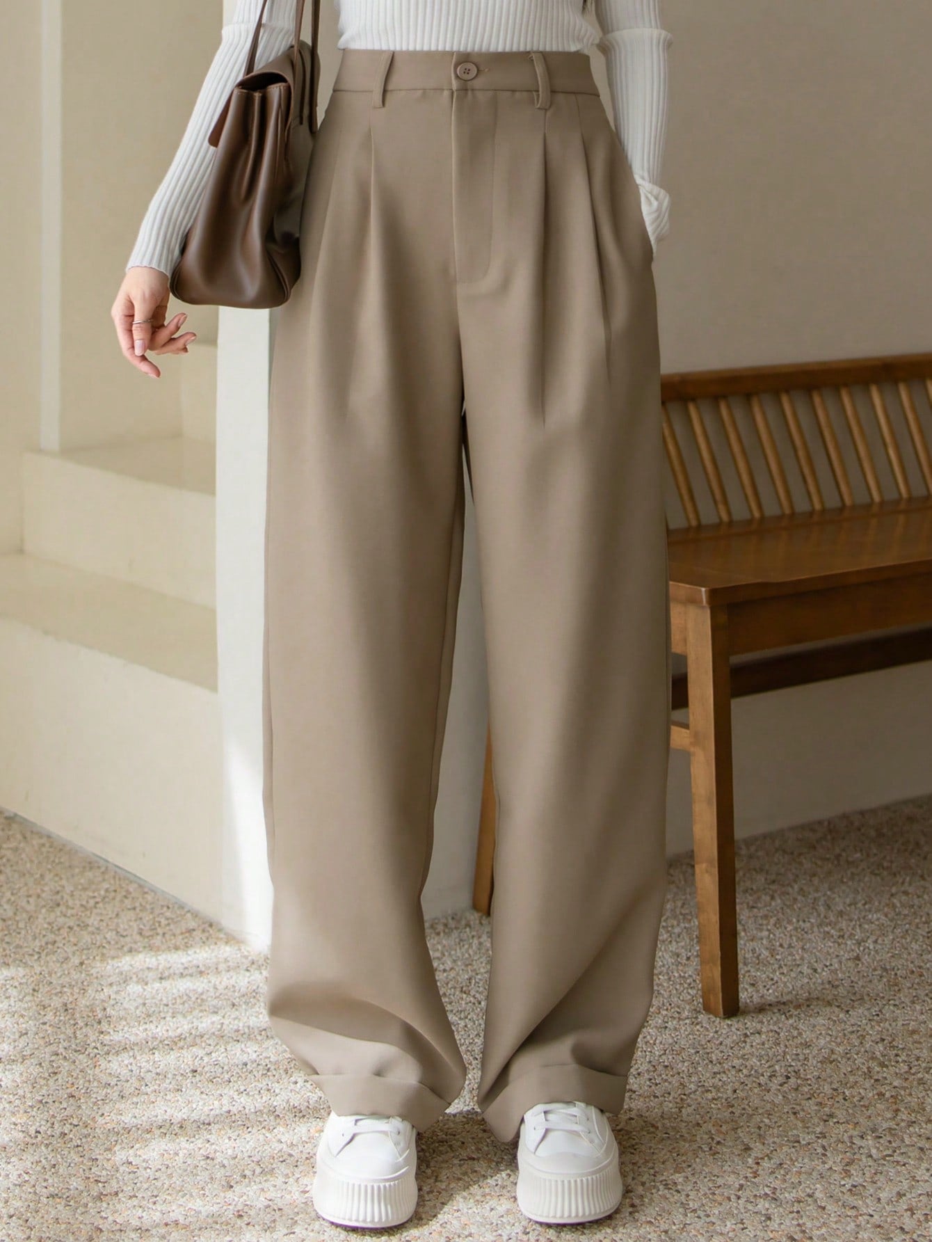 Dazy-Less High Waist Fold Pleated Suit Pants Without Belt