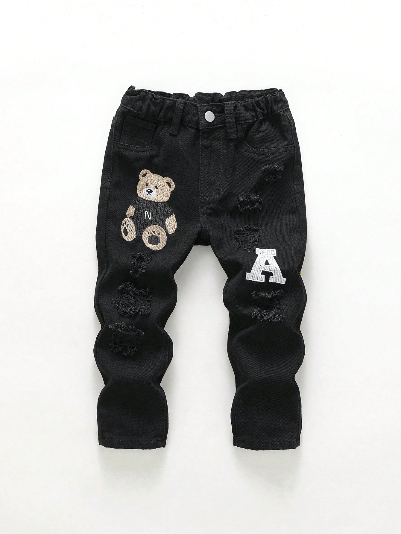 Young Boy Letter & Bear Patched Ripped Jeans