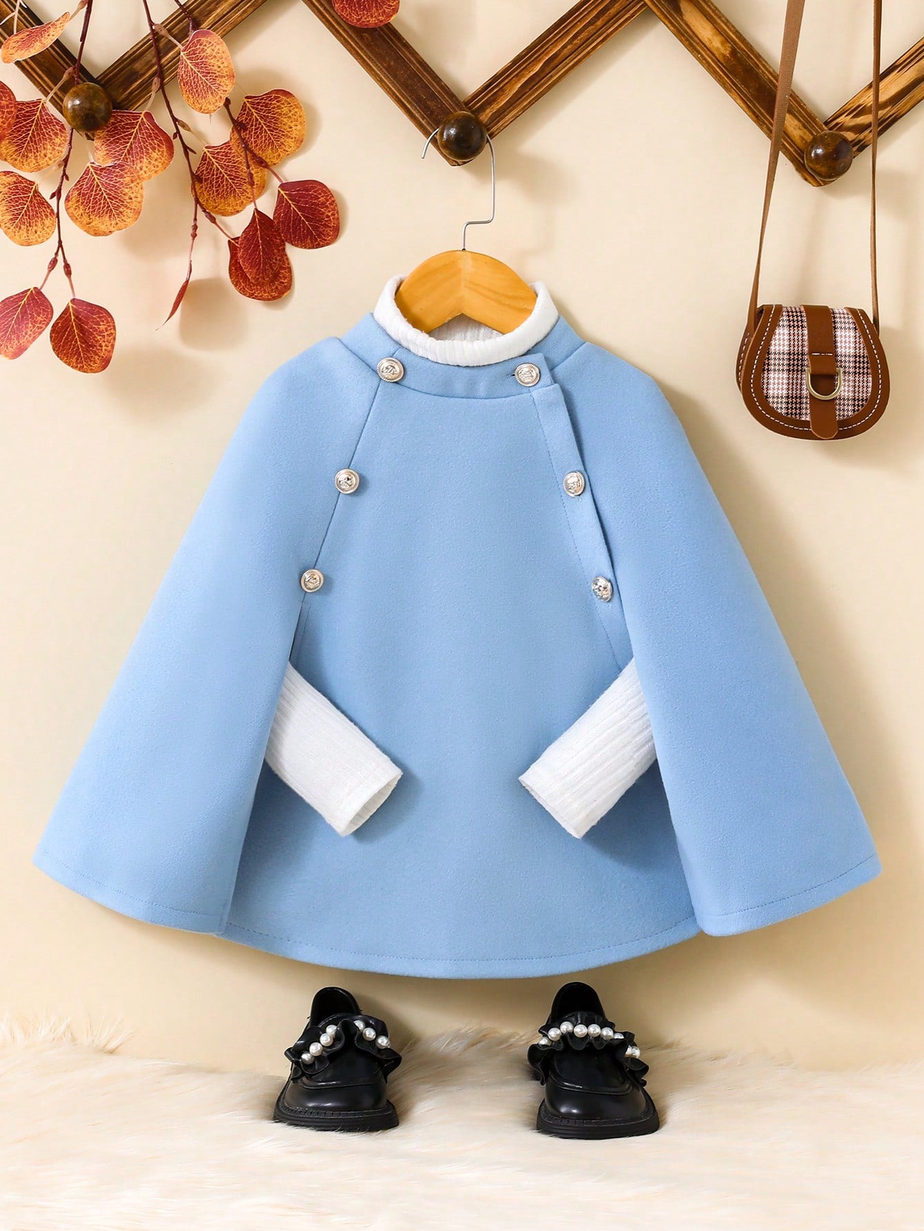 Young Girl Beige Color Splice Button Cape Shawl Detail Ladylike Style Woolen Coat For Autumn And Winter