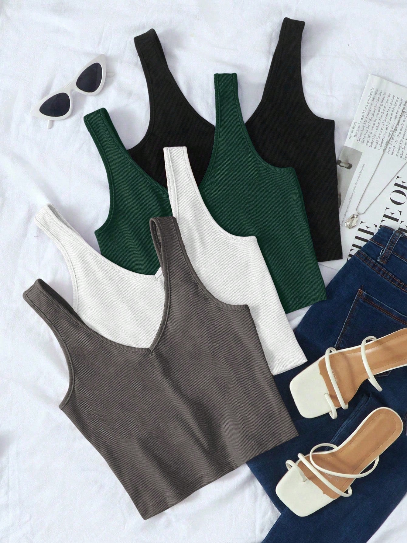 4pcs Solid Ribbed Knit Tank Top