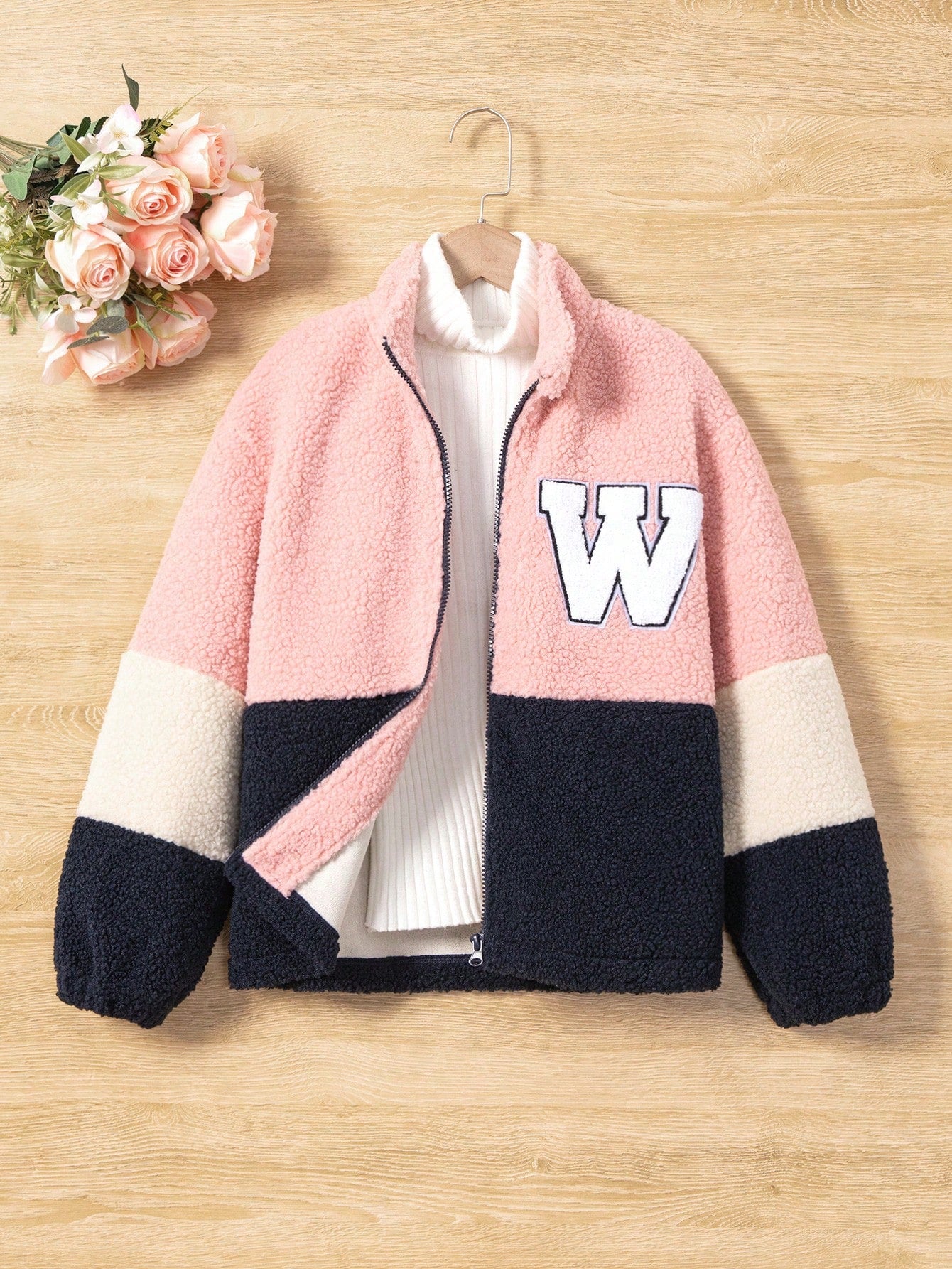 Tween Girl 1pc Letter Patched Colorblock Drop Shoulder Teddy Jacket