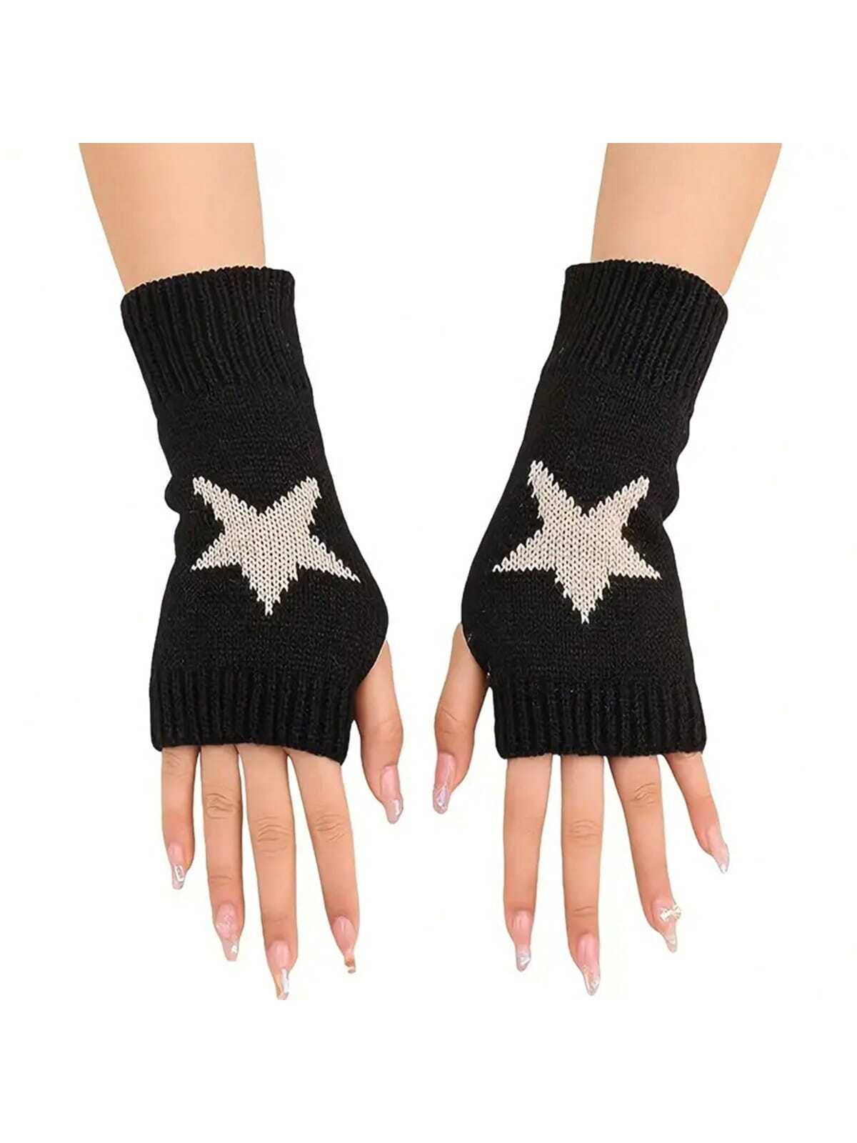 1pair Knitted Fleece-lined Half Finger Geometric Pentagram Pattern Fingerless Winter Gloves, Unisex