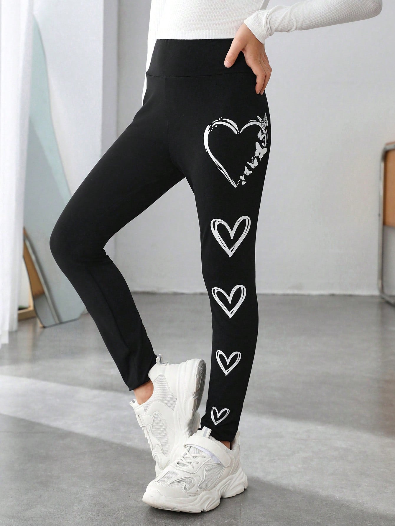 Tween Girls' Fashionable Urban Knitted High Elasticity Heart Print Leggings