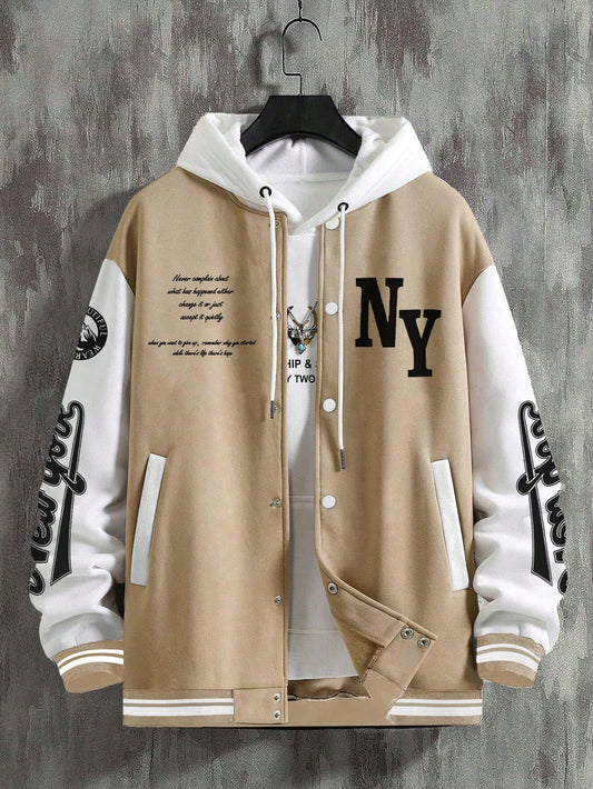 Men Slogan Graphic Two Tone Varsity Jacket