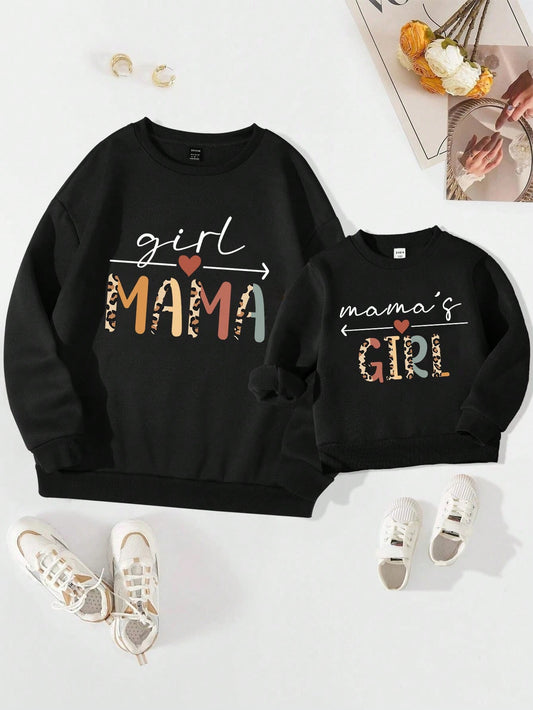 Young Girl Leopard Letter Graphic Pullover ,Mommy And Me Matching Outfits , 2 Pieces Are Sold Separately