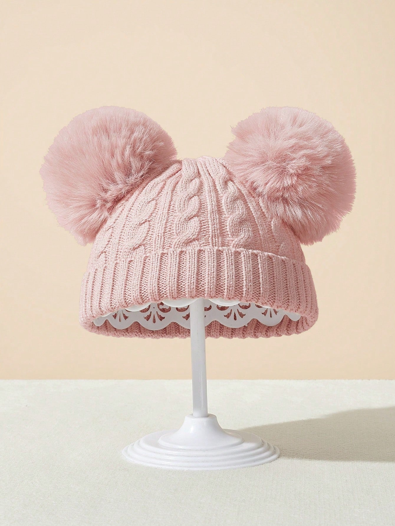 1pc Baby And Kids' Fleece-lined Knitted Hat With Pom-pom And Folded Brim, Autumn And Winter Outdoor Warm Hat