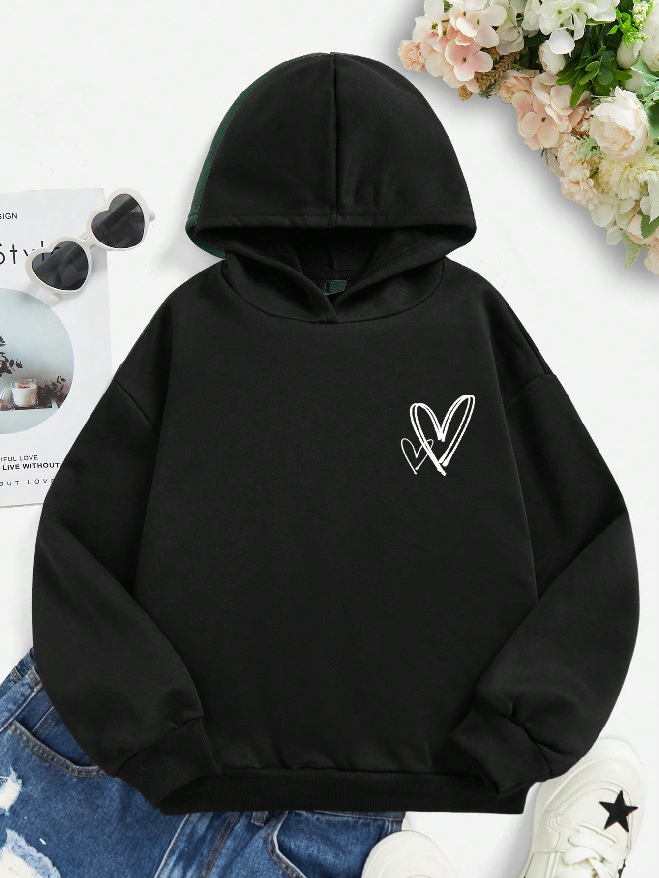 Tween Girl Casual Heart Print Long Sleeve Hooded Sweatshirt Suitable For Autumn And Winter