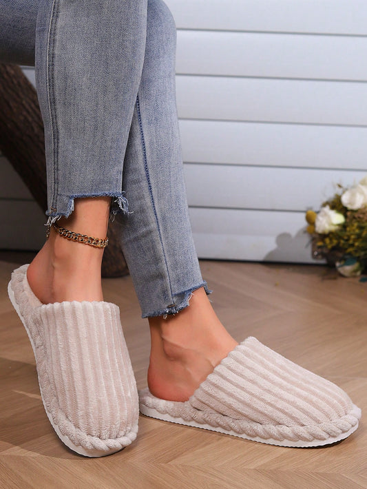 Ladies' Corduroy House Slippers In Beige Color, Winter, Non-slip, Warm, Soft Plush Sole, Simple And Fashionable Style