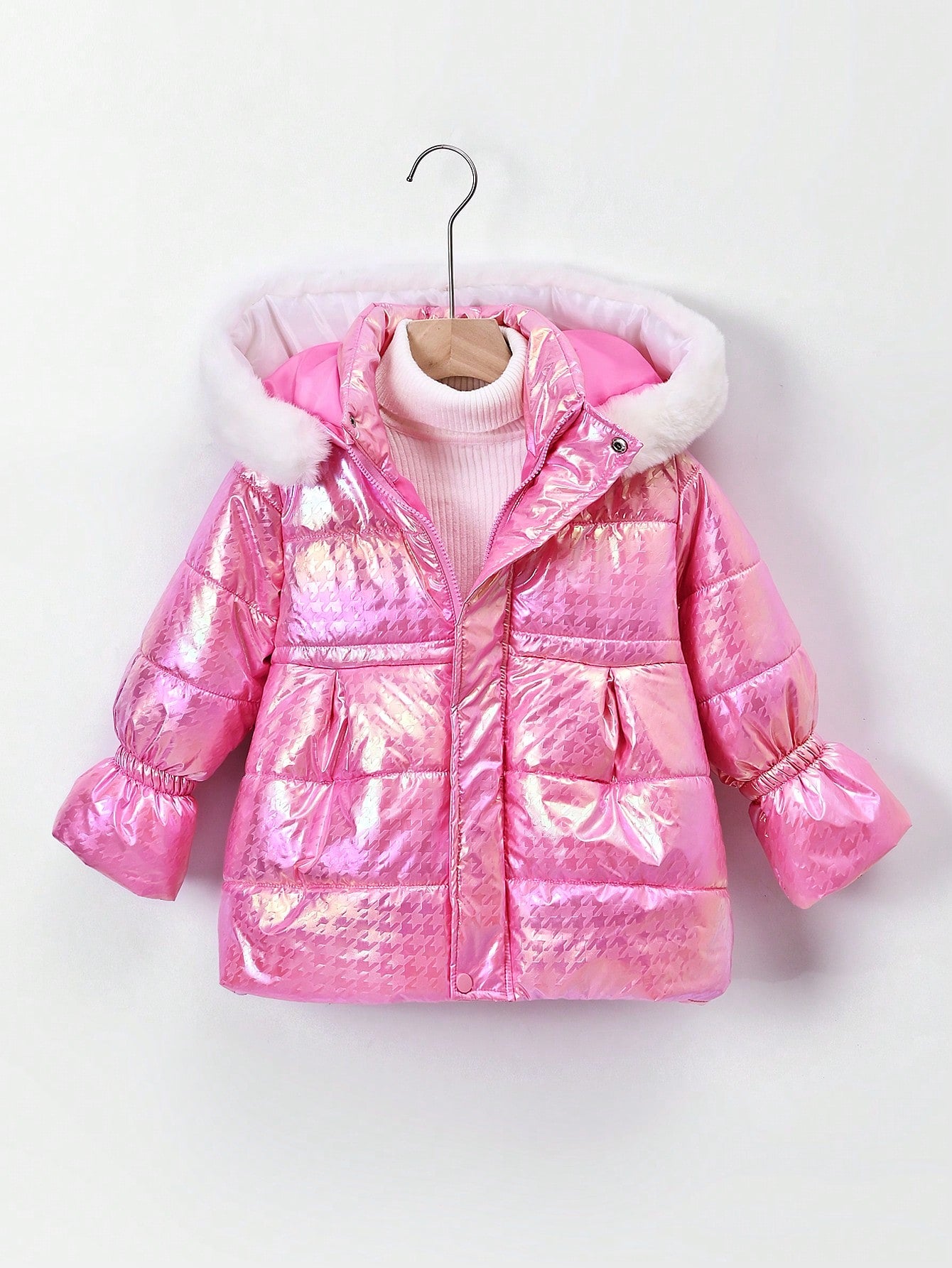 Young Girl Metallic Hooded Puffer Coat Without Sweater