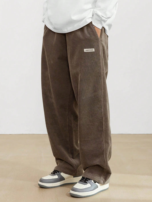 Loose Fit Men's Corduroy Pants With Letter Patch Detail Baggy Long Slacks Plain Going Out