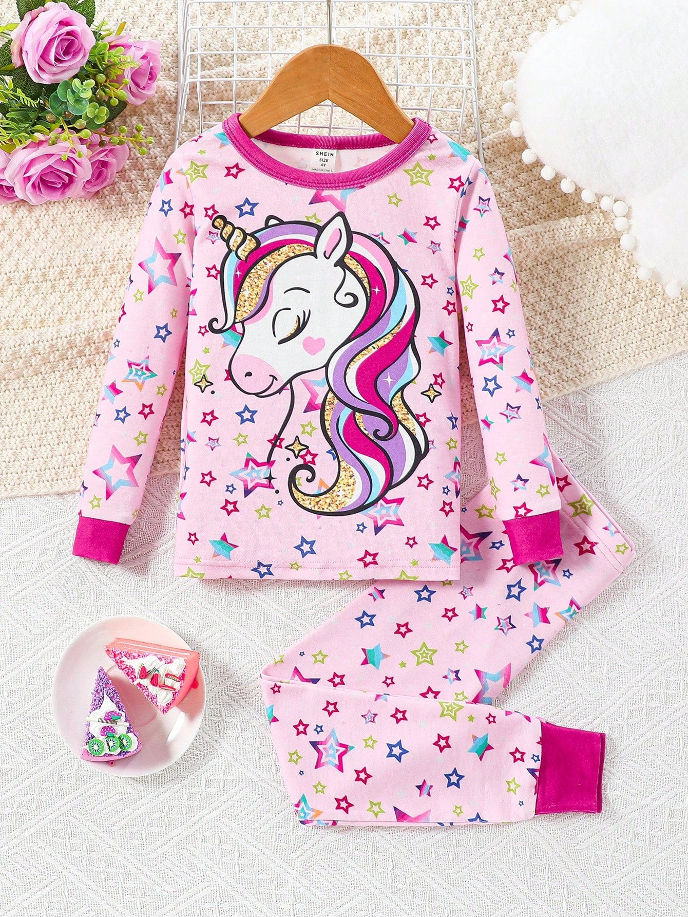 Young Girl Unicorn Print Contrast Binding Snug Fit PJ Set