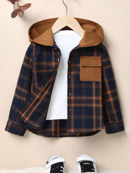 Young Boy Plaid Print Patched Pocket Hooded Shirt Without Tee