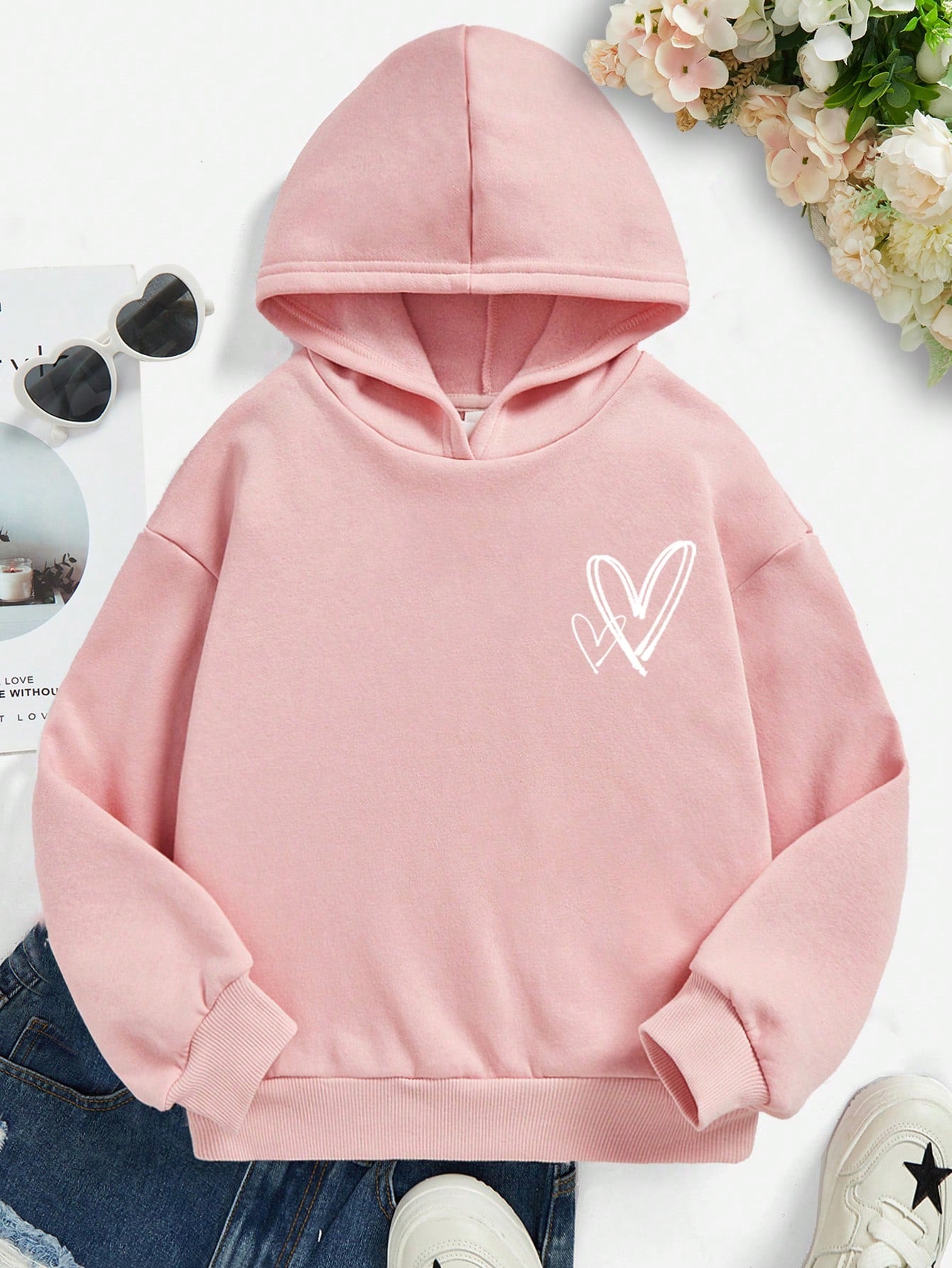 Tween Girl Casual Heart Print Long Sleeve Hooded Sweatshirt Suitable For Autumn And Winter