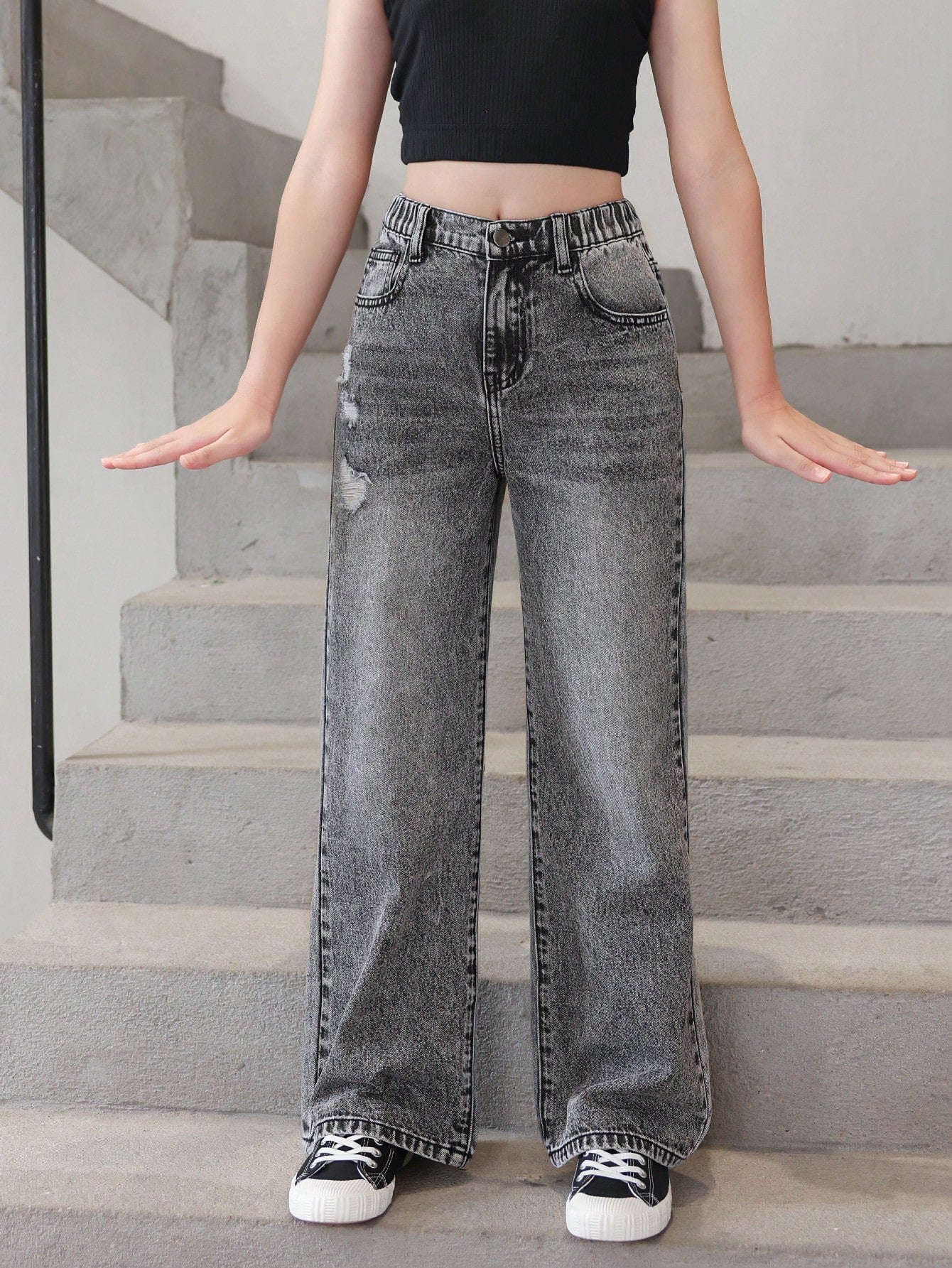 Kids New Arrival Simple Versatile Distressed Straight Leg Jeans For Tween Girls, Washed Denim