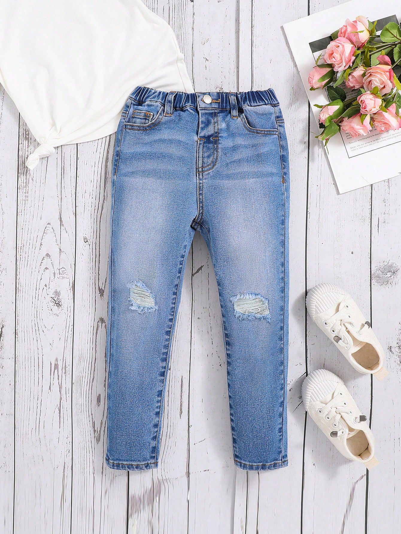 Young Girl Bleach Wash Ripped Jeans