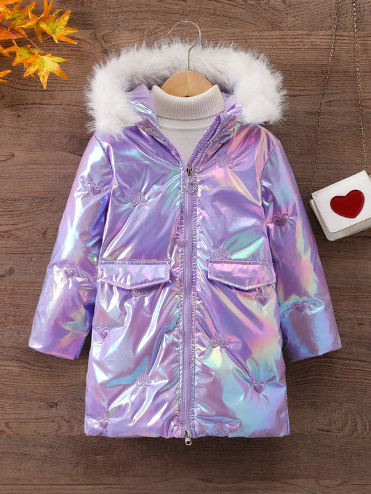 Young Girl Heart Embroidery Flap Pocket Fuzzy Trim Hooded Holographic Winter Coat Without Sweater