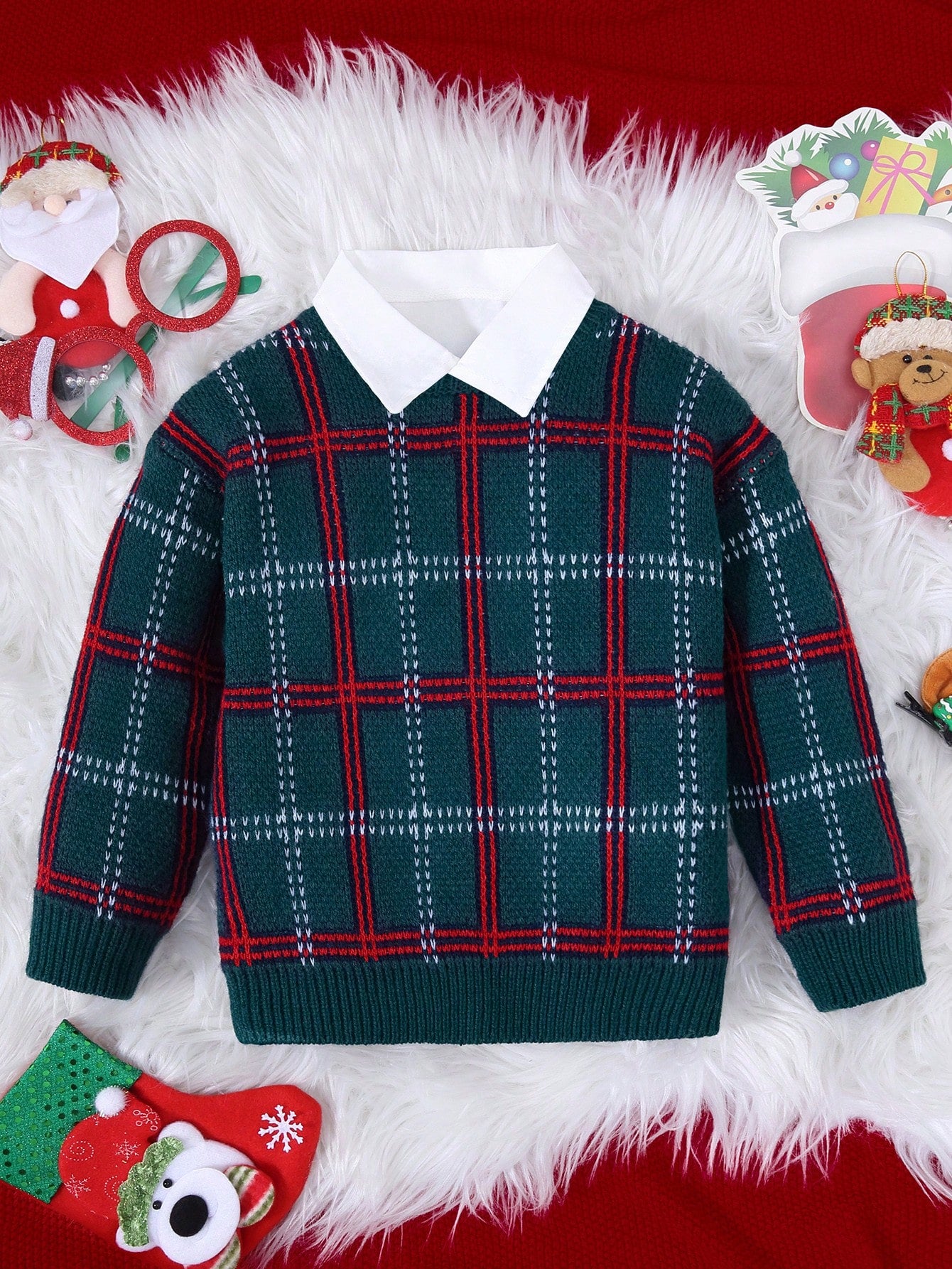 Young Boy Plaid Pattern Drop Shoulder Sweater for Christmas