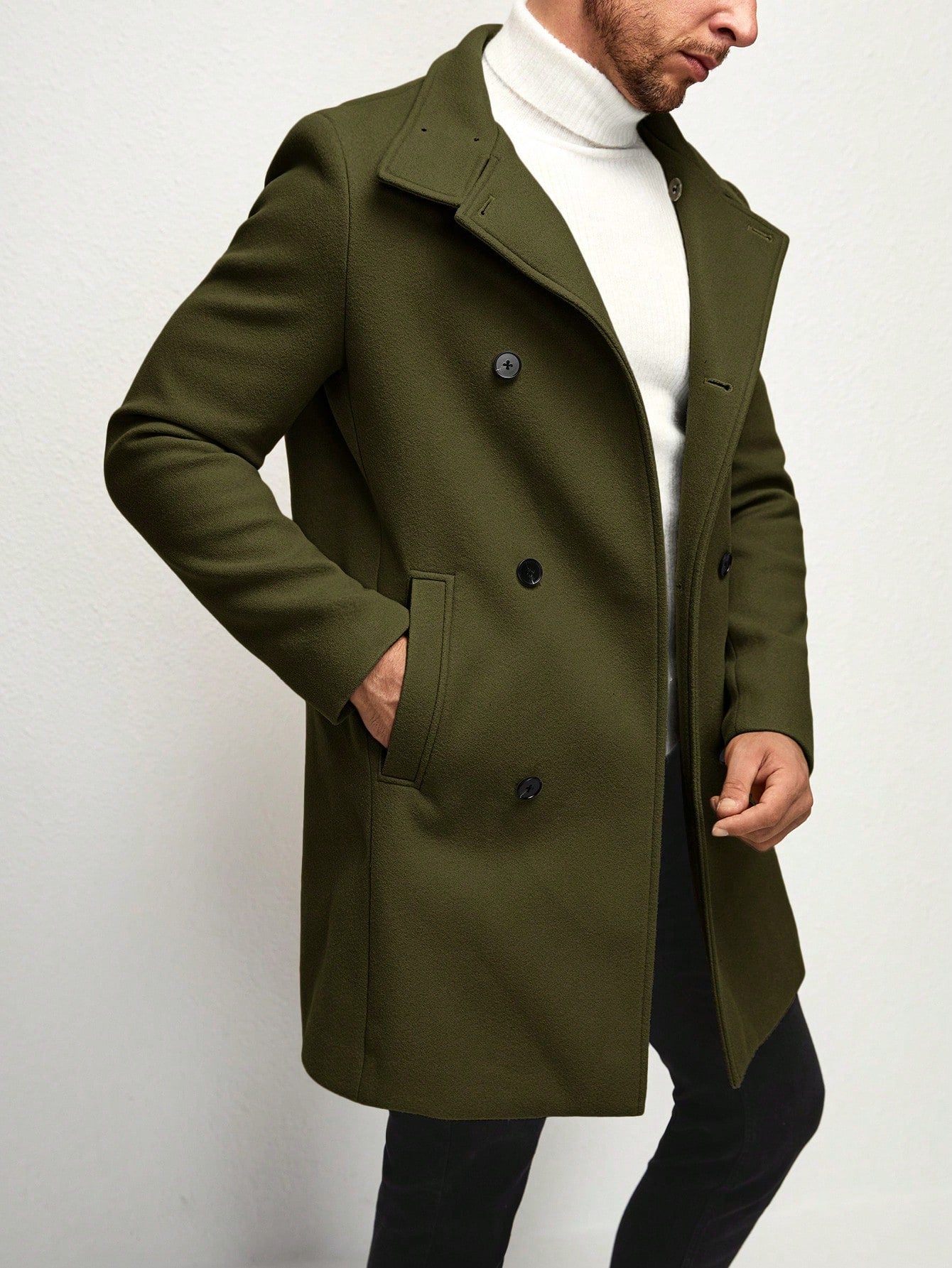 Men Double Breasted Slant Pocket Overcoat