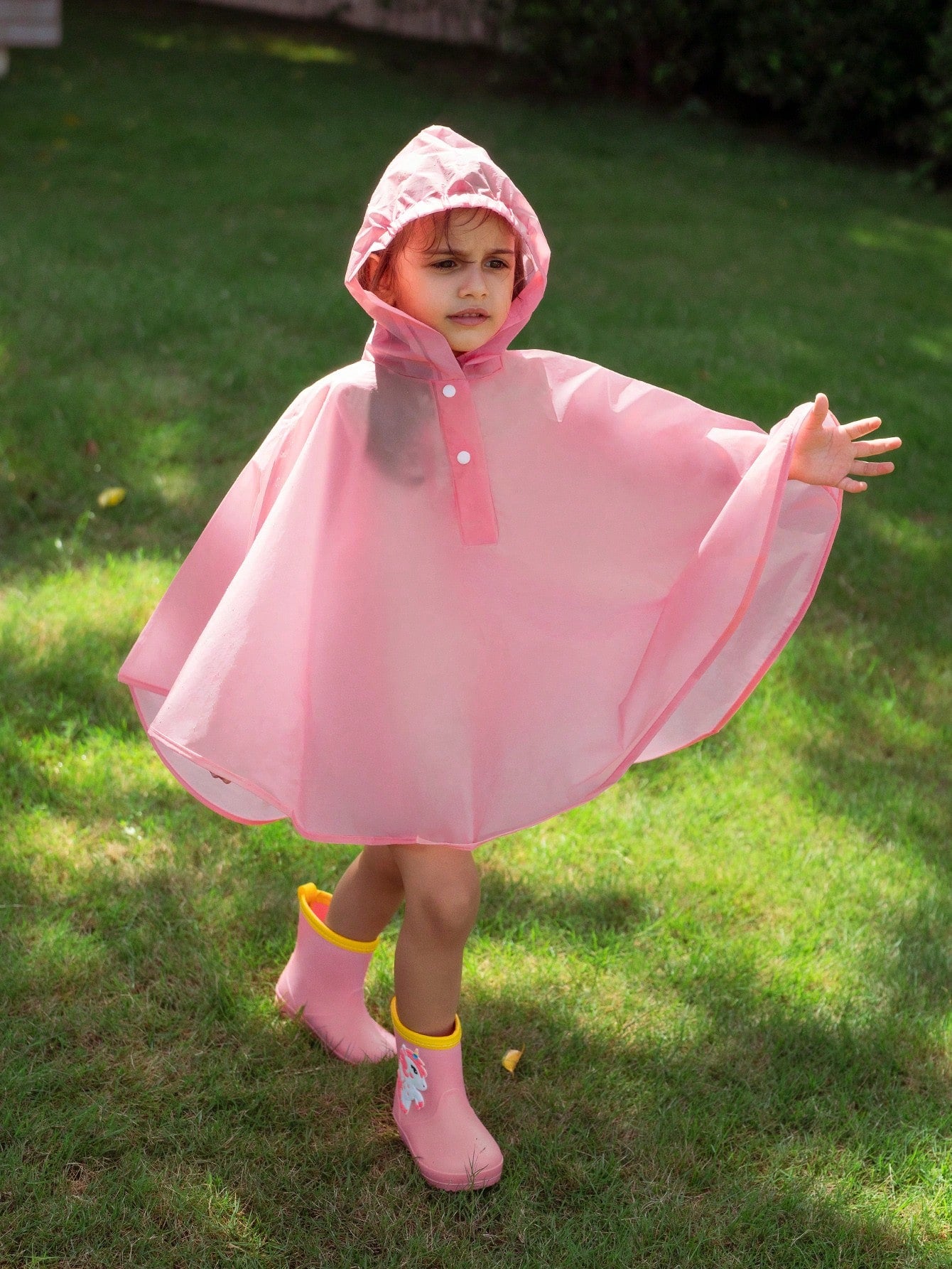 Girls' Cute Pink Color Hooded Raincoat