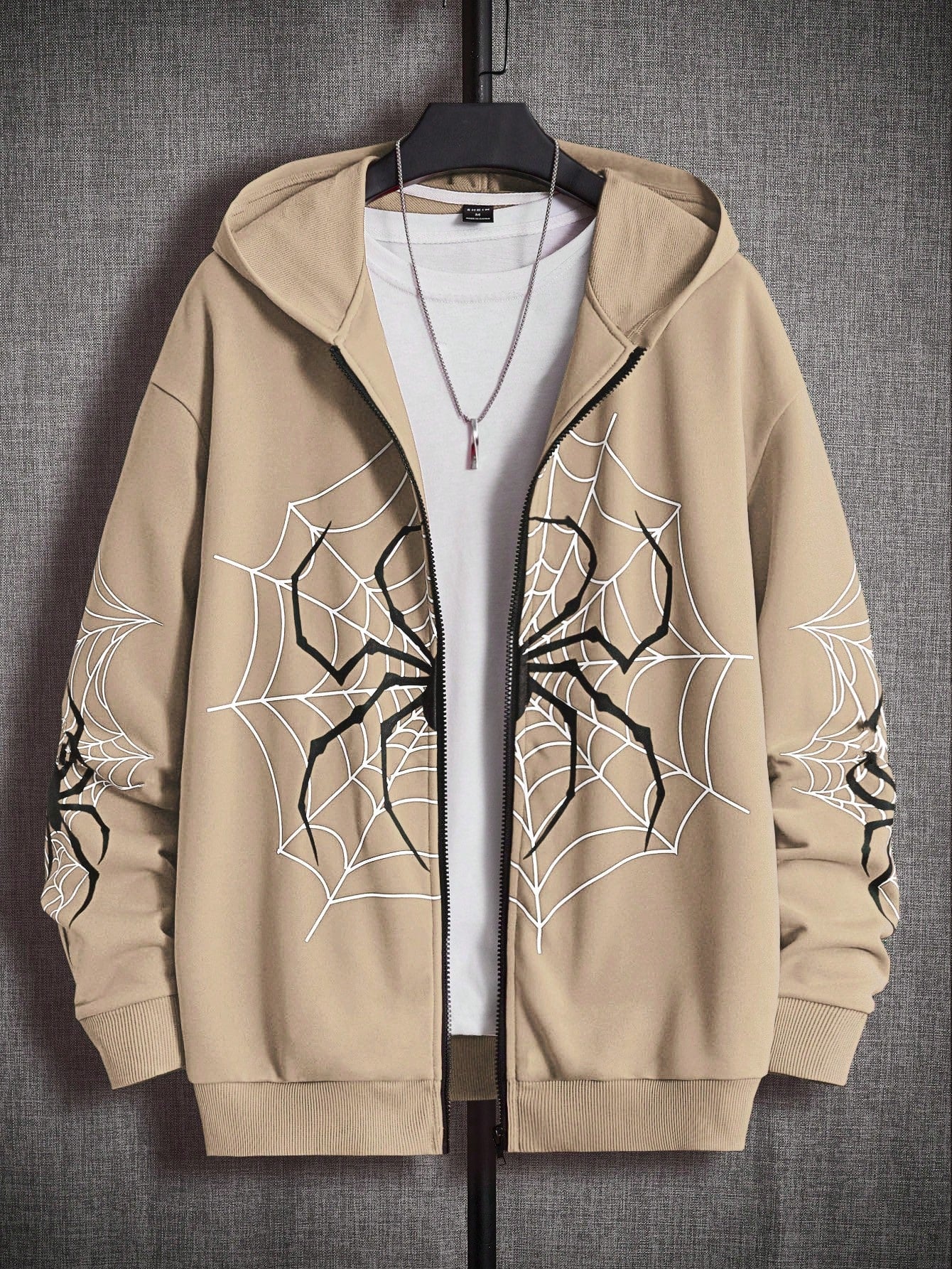 Loose-Fit Men's Spider Web Print Zip-Up Hoodie Without T-Shirt