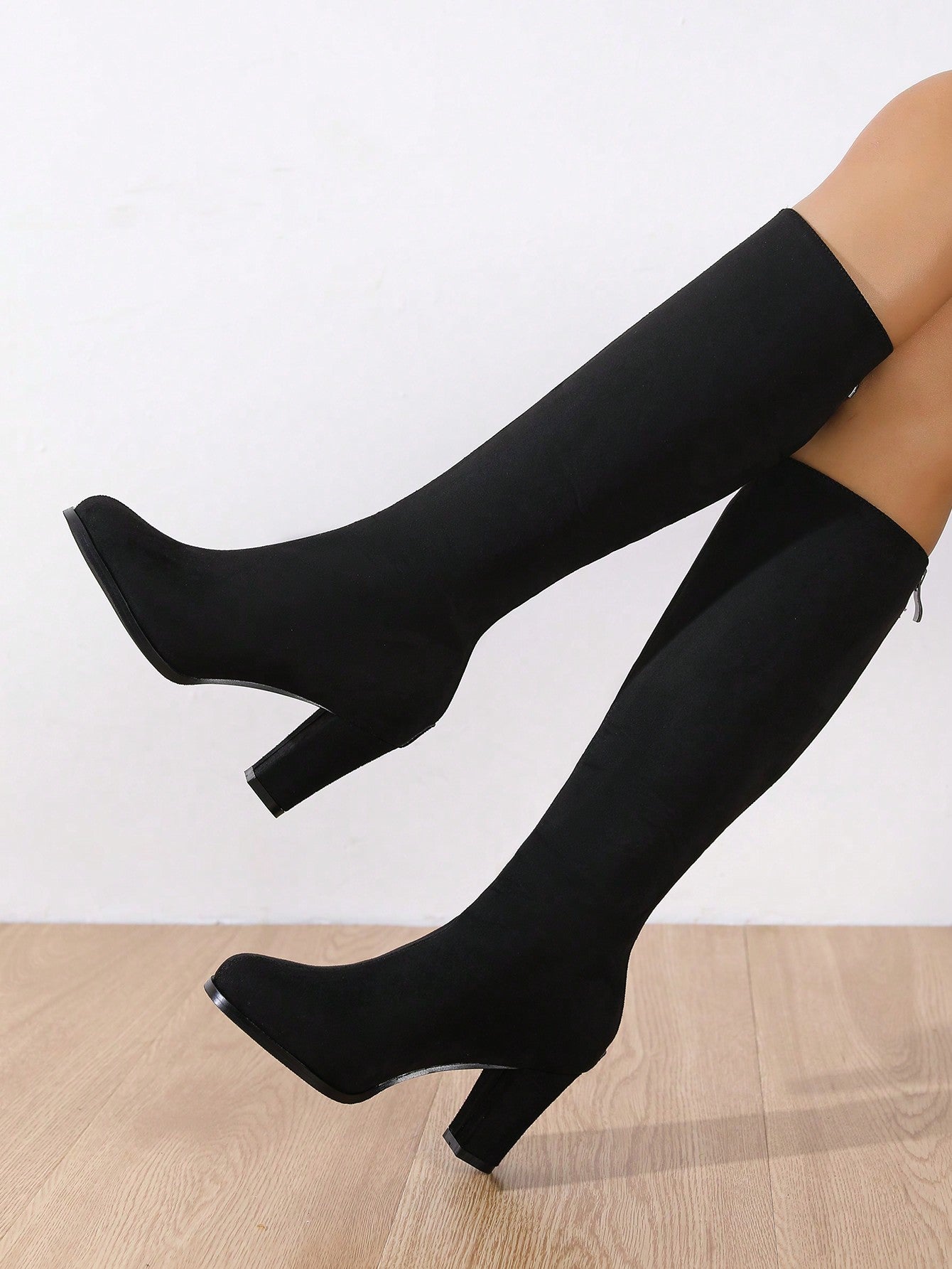 Women's Thick Heel Chunky Sole High Heel Knee-High Boots, Zipper Closure, High Top, Height-Increasing, Slimming Mid-Calf Enjoyment Boots