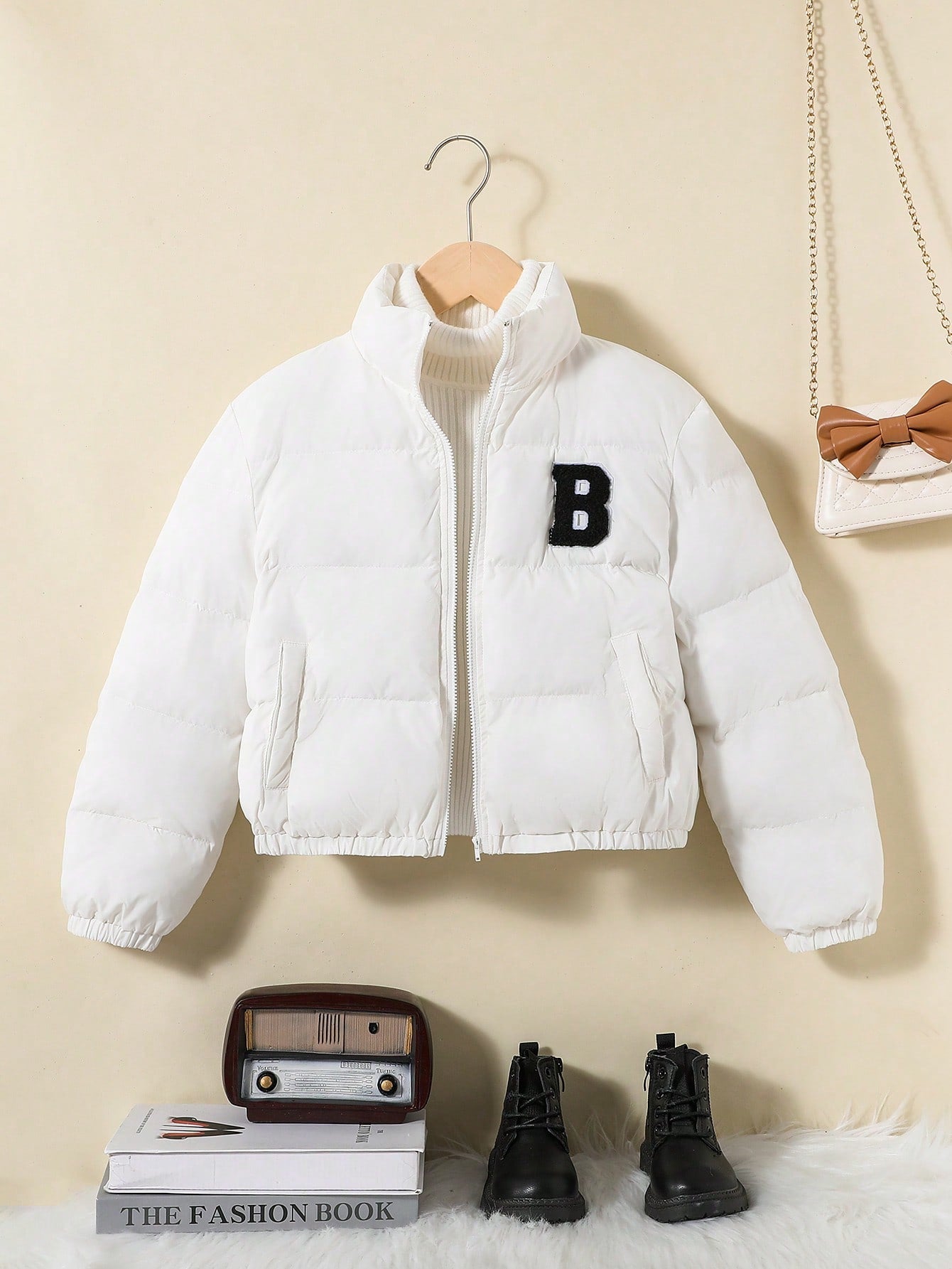 Tween Girl Letter Patched Zip Up Puffer Coat