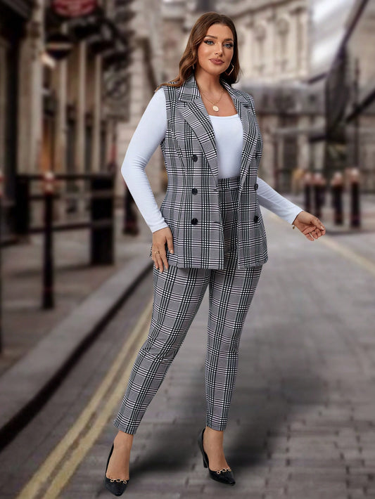 Plus Plaid Double Breasted Vest Blazer & Pants