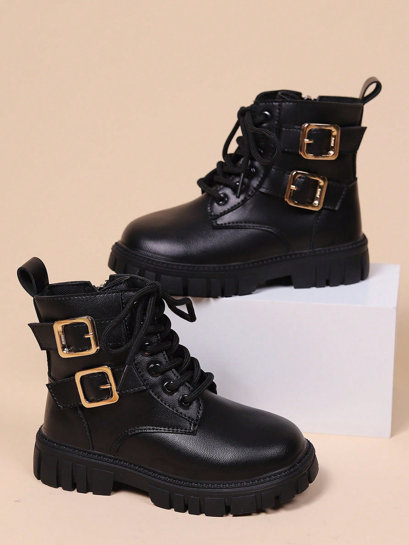 Girls Black PU Leather Two-Buckle Non-Slip Boots