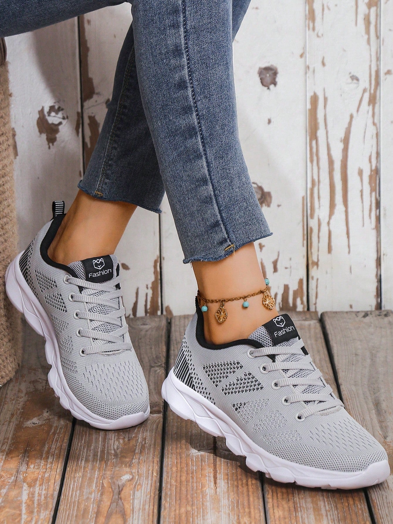 Women's Floral Lace Decor Front Tie Anti-Slip Sole Outdoor Athletic Shoes