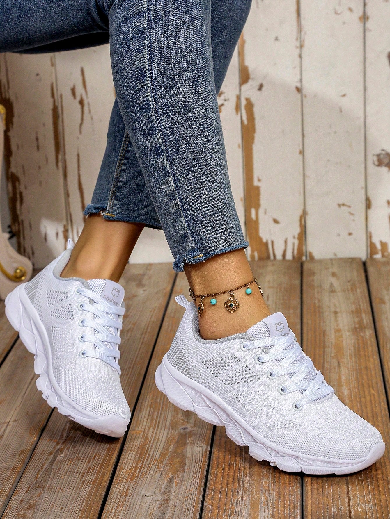 Women's Floral Lace Decor Front Tie Anti-Slip Sole Outdoor Athletic Shoes