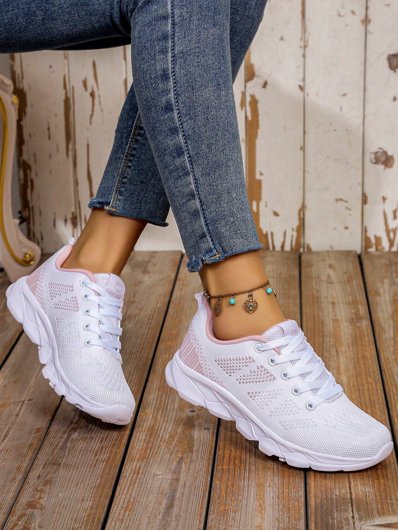 Women's Floral Lace Decor Front Tie Anti-Slip Sole Outdoor Athletic Shoes