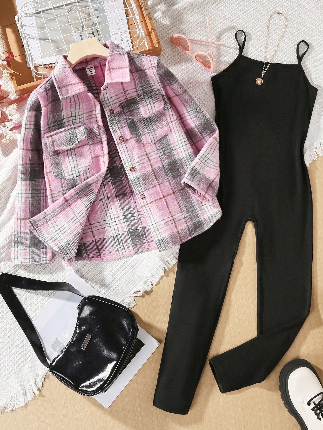 Tween Girl Plaid Print Shirt & Cami Jumpsuit