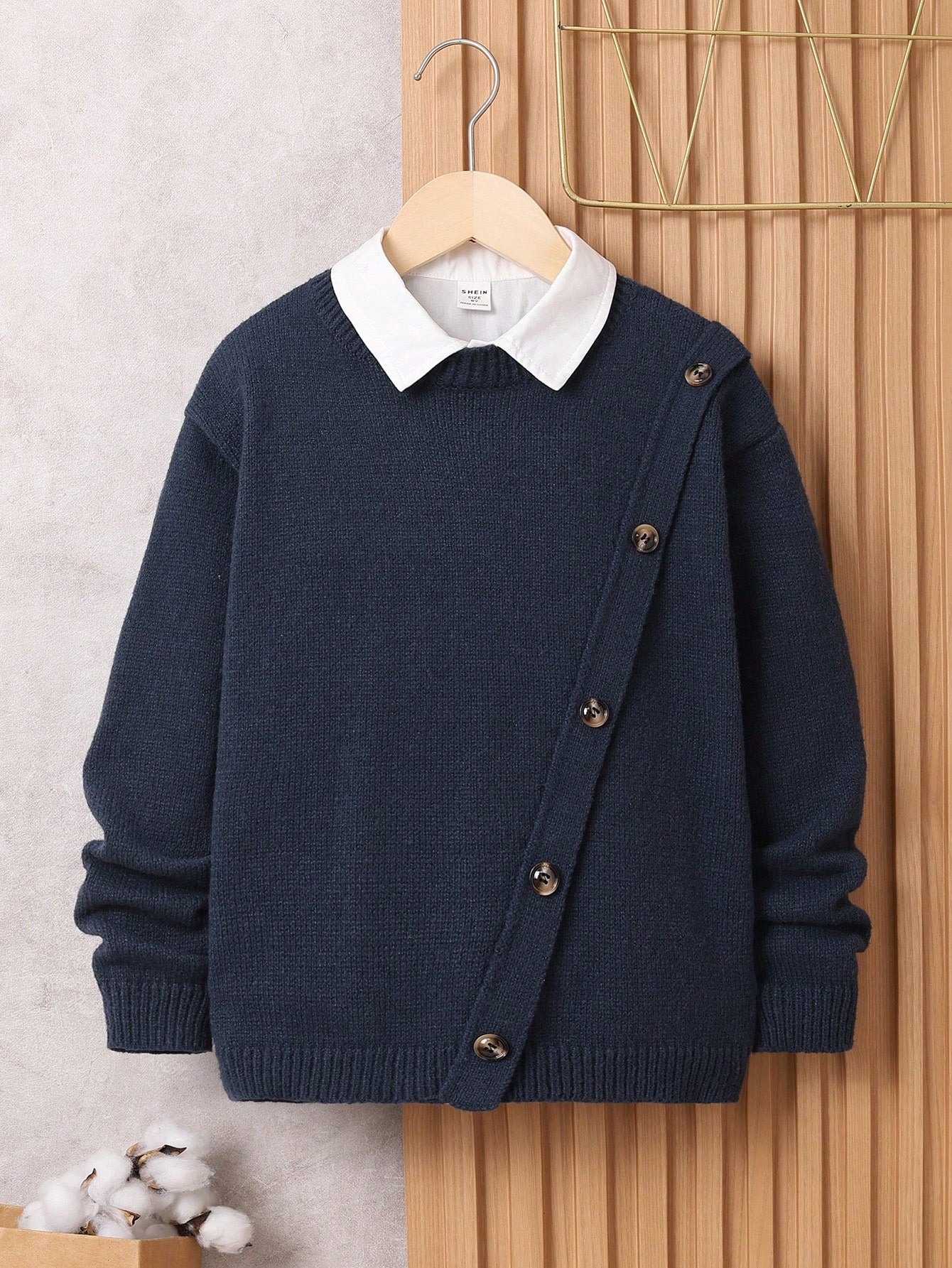 Tween Boy Loose Fit Academy Style Long Sleeve Round Neck Sweater With Diagonal Fake Placket