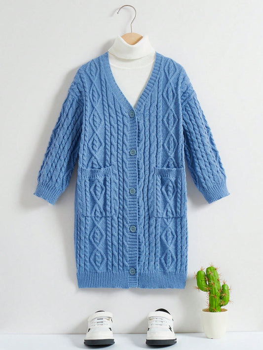 1pc Young Girl Dual Pocket Drop Shoulder Cable Knit Cardigan