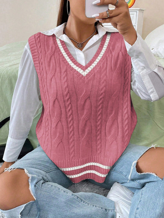 Plus Striped Trim Cable Knit Sweater Vest Without Blouse