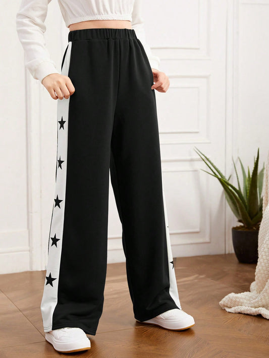 Teen Girl Star Print Contrast Side Seam Wide Leg Sweatpants