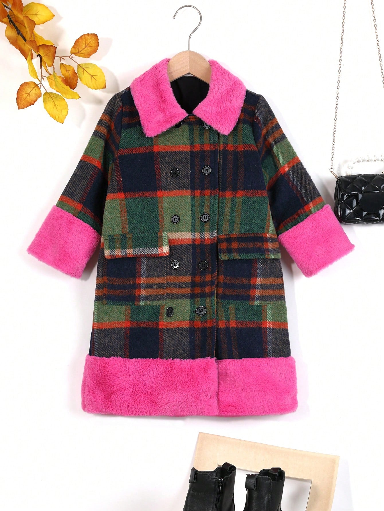 Young Girl Plaid Print Borg Collar Double Breasted Overcoat