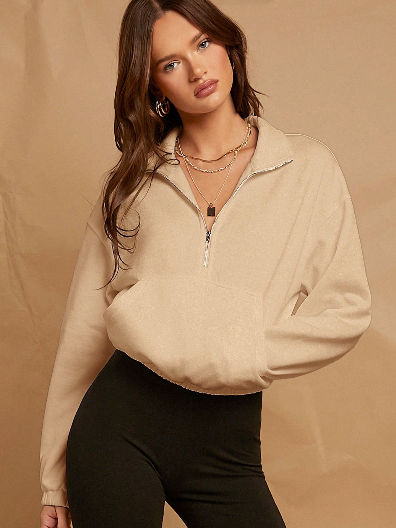 Spring Outfits White Drop Shoulder Zip Half Placket Crop Sweatshirt