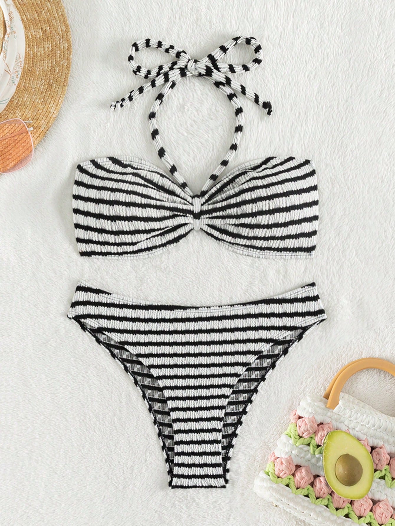 Swim Vcay Summer Beach Striped Halter Bikini Set